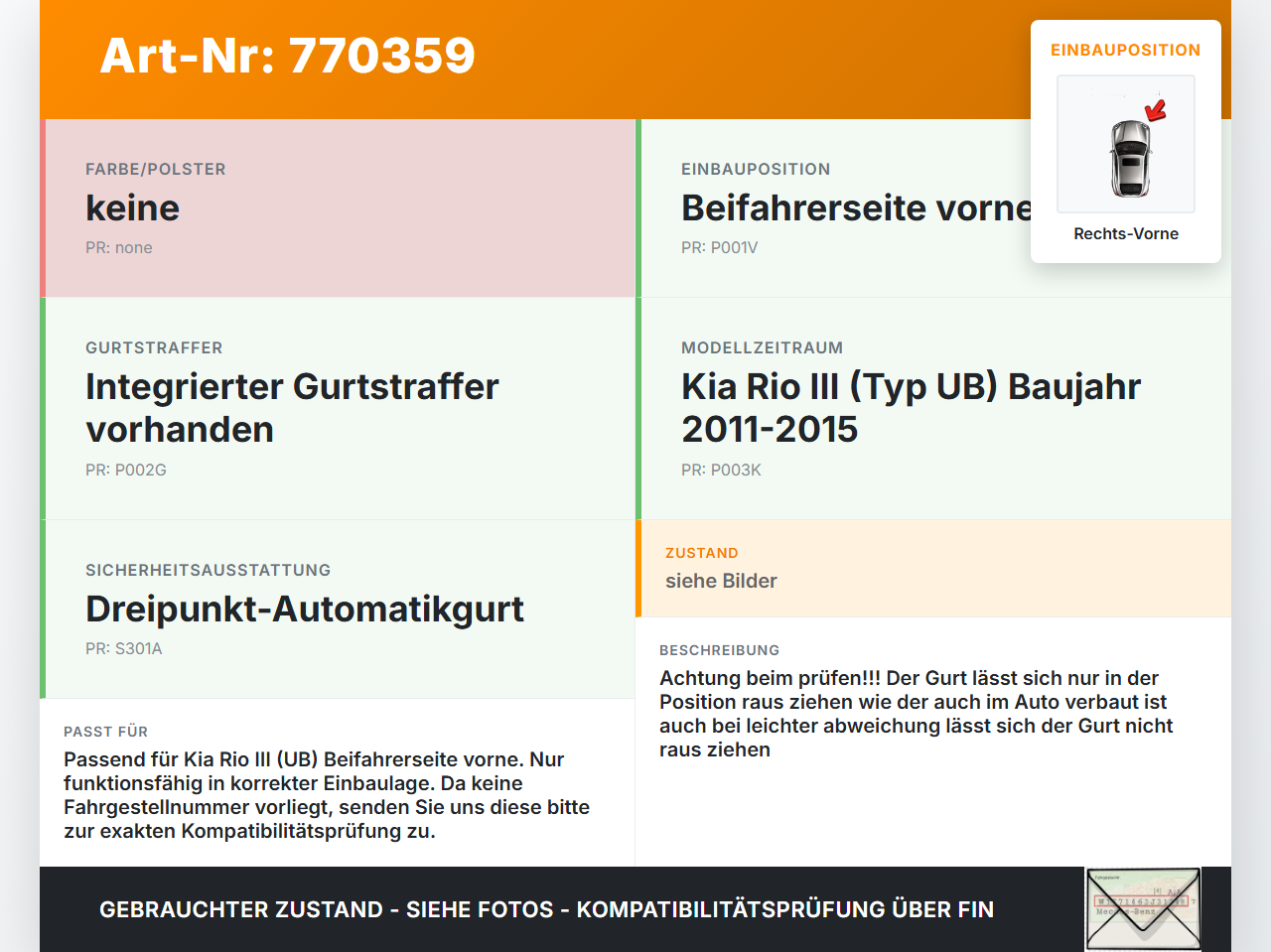 Kia Rio III UB 11-15 Gurt Sicherheitsgurt Gurtstraffer für Beifahrer Rechts Vorne Kia Rio III UB 11-15 05.01.2012... Vorschau 3