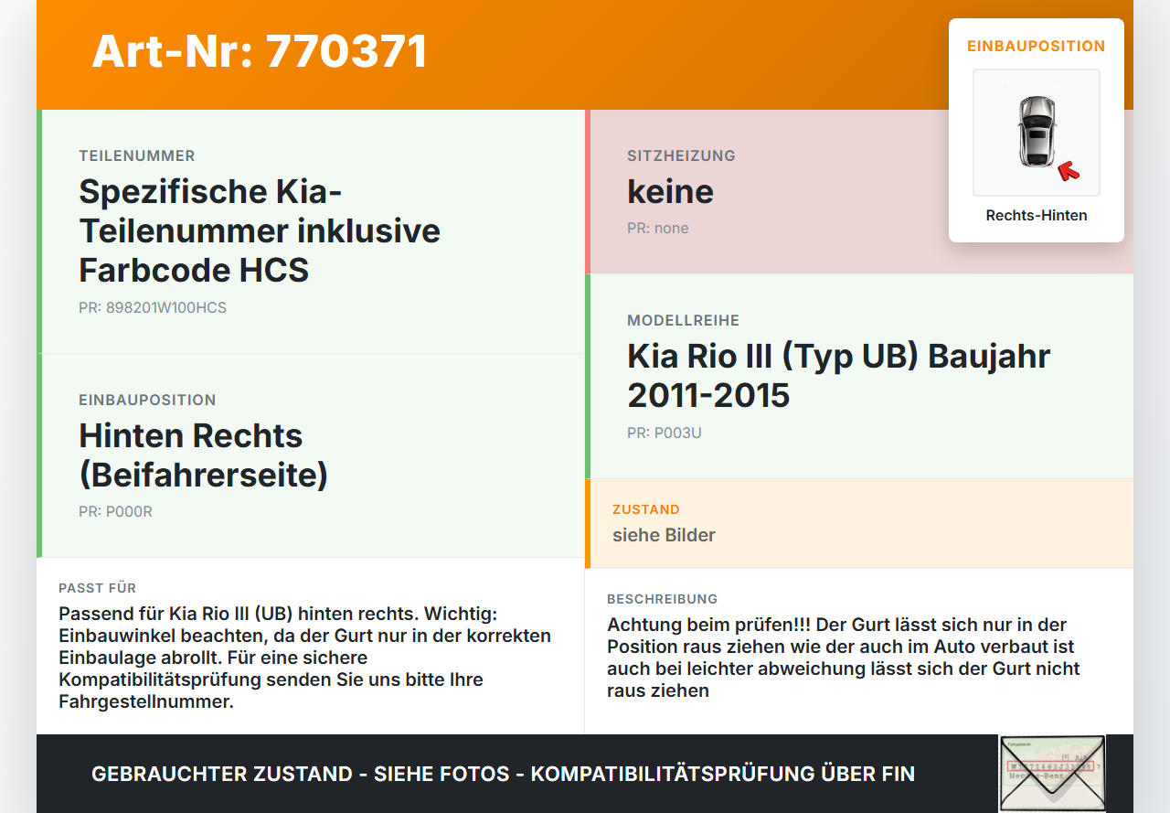 Kia Rio III UB 11-15 Gurt Sicherheitsgurt Rechts Hinten Kia Rio III UB 11-15 05.01.2012 898201W100HCS 89820-1W100... Vorschau 3