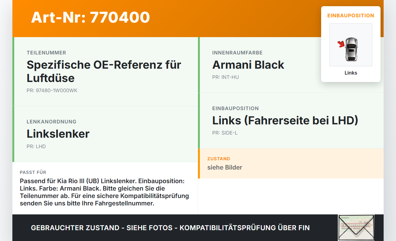 Kia Rio III UB 11-15 Luftdusche Luftdüse Links Kia Rio III UB 11-15 05.01.2012 97480-1W000WK gebraucht Vorschau 3