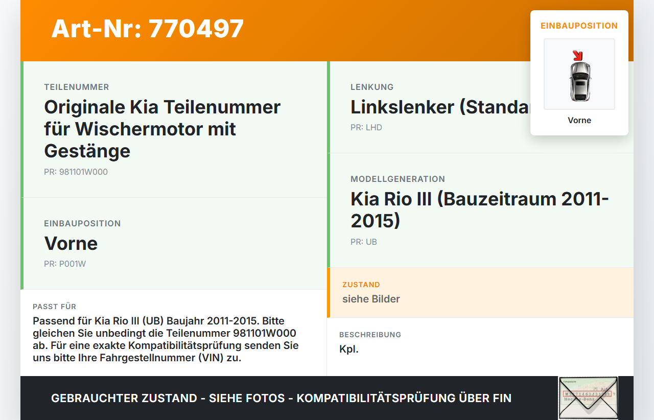 Kia Rio III UB 11-15 Wischermotor m. Wischergestänge Vorne Kia Rio III UB 11-15 05.01.2012 981101W000 98110-1W000... Vorschau 3