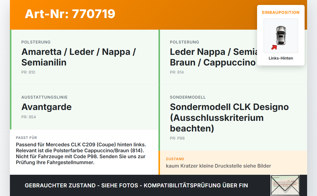 Mercedes C209 CLK 280 K 05-09 Coupe Seitenverkleidung Wandpappe Links Hinten Teils Cappuccino Leder Mercedes C209... Vorschau 3