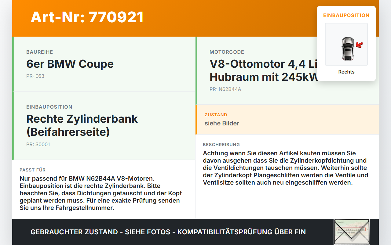 BMW E63 6er 645Ci 03-07 4,4 245KW N62B44A Zylinderkopf Rechts BMW E63 6er 645Ci 03-07 17.04.2004 1112-1556510... Vorschau 3