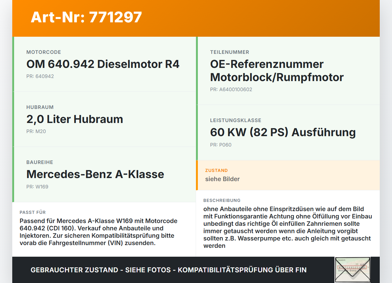 Mercedes A-Kl W169 04-08 CDI 2,0 60KW 640942 Motor Mercedes A-Kl W169 04-08 17.02.2006 A6400100602 6400100602 gebraucht Vorschau 3