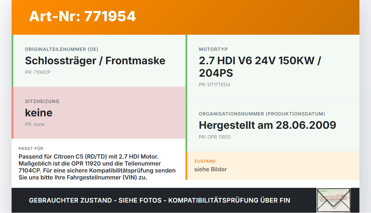 Citroen C5 08-12 HDI 2,7 150KW Schlossträger Frontmaske Träger Citroen C5 08-12 29.01.2008 7104CP gebraucht Vorschau 3