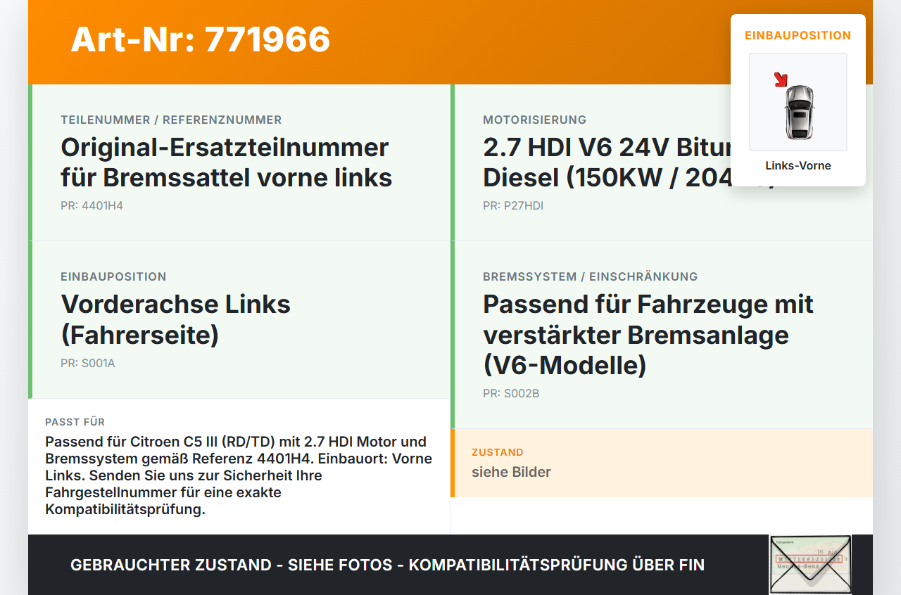Citroen C5 08-12 HDI 2,7 150KW Bremssattel Bremszange Vorne Links Citroen C5 08-12 29.01.2008 4401H4 gebraucht Vorschau 3