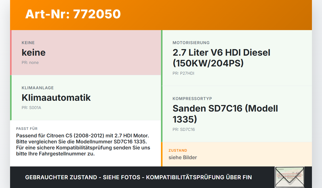 Citroen C5 08-12 HDI 2,7 150KW Klimakompressor Klima Kompressor Citroen C5 08-12 29.01.2008 6453XG 9660555580 gebraucht Vorschau 3