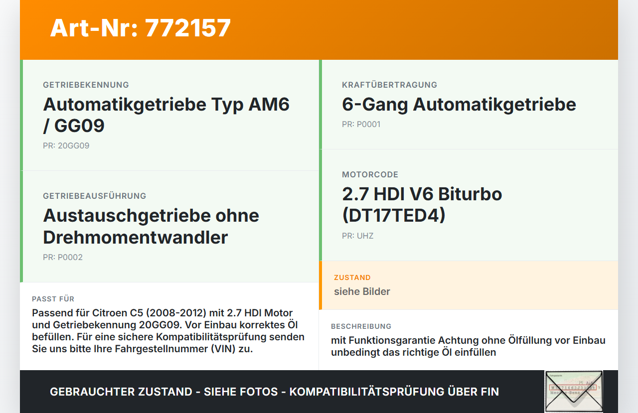Citroen C5 08-12 HDI 2,7 150KW GG09 Automatikgetriebe Getriebe ohne Wandler 20GG09 GG09E GG09E Citroen C5 08-12... Vorschau 3