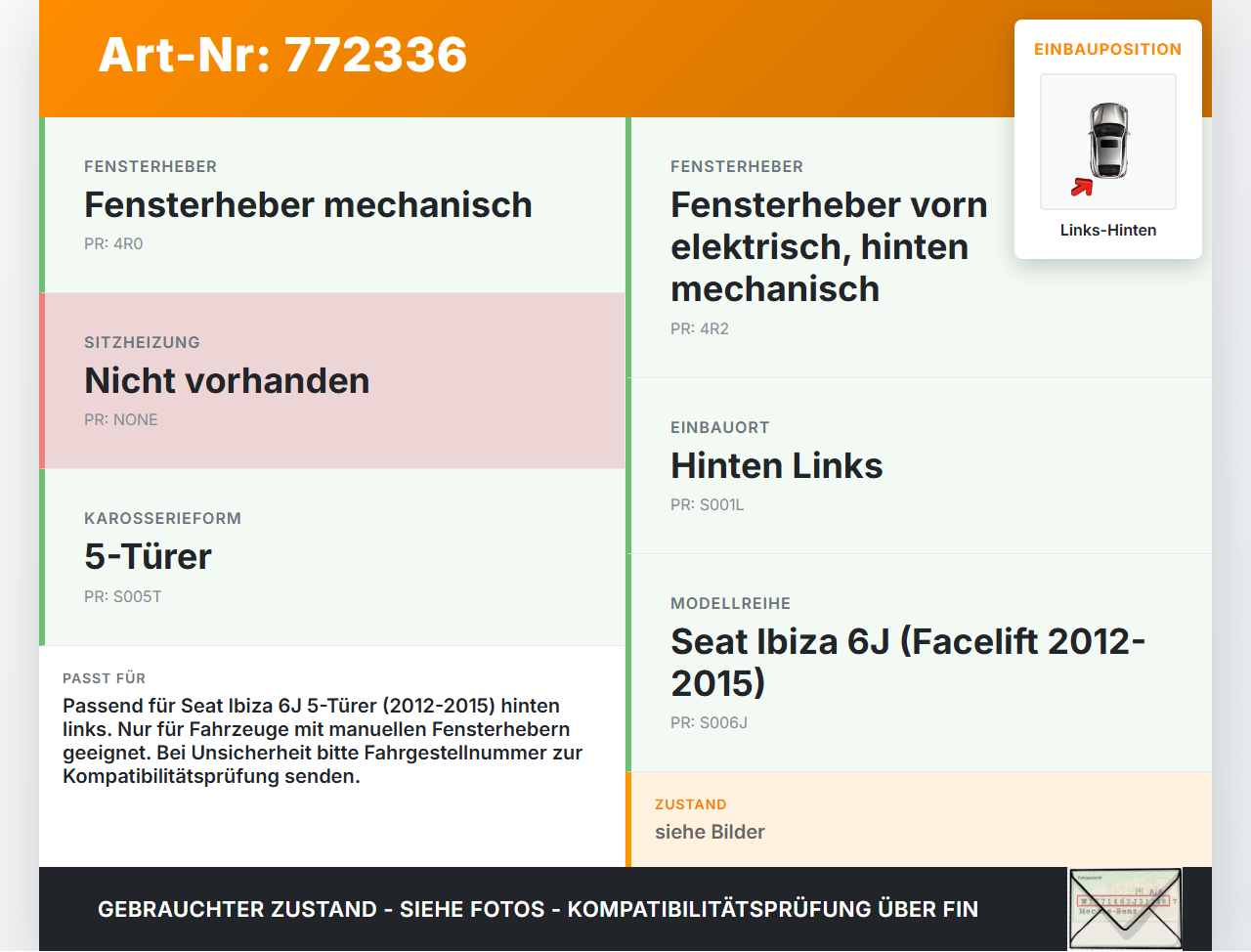 Seat Ibiza 6J 12-15 5T Fensterheber o. FH-Motor Hinten Links Seat Ibiza 6J 12-15 25.03.2014 6J4839461B gebraucht Vorschau 3