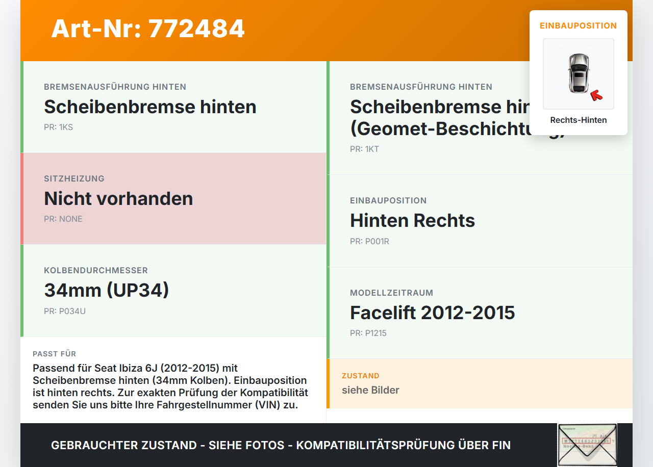 Seat Ibiza 6J 12-15 TSI 1,2 77KW Bremssattel Bremszange Hinten Rechts Seat Ibiza 6J 12-15 25.03.2014 440010014R... Vorschau 3