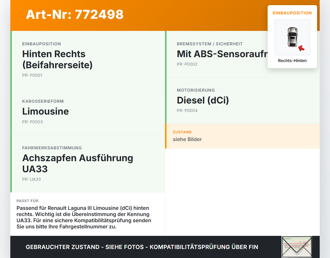 Renault Laguna III 3 07-11 Lim dCi 2,0 110KW Achsschenkel Radnabe mit ABS Rechts Hinten UA33 Renault Laguna III 3... Vorschau 3