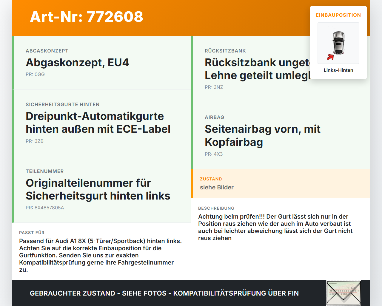 Audi A1 8X 10-14 5T Gurt Sicherheitsgurt Links Hinten Audi A1 8X 10-14 04.11.2011 8X4857805A 307341399G48-AC... Vorschau 3