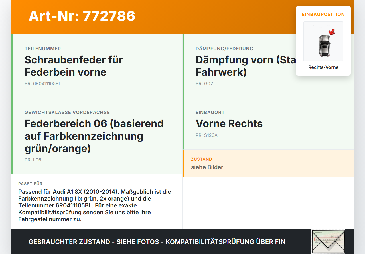 Audi A1 8X 10-14 5T Stossdämpfer Federbein Vorne Rechts Audi A1 8X 10-14 04.11.2011 6R0411105BL 6R0413031AP gebraucht Vorschau 3