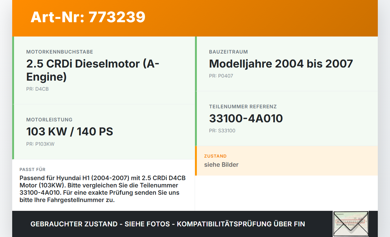 Hyundai H1 04-07 CRDI  2,5 103KW Einspritzpumpe Hochdruckpumpe Hyundai H1 04-07 28.02.2005 33100-4A010 gebraucht Vorschau 3