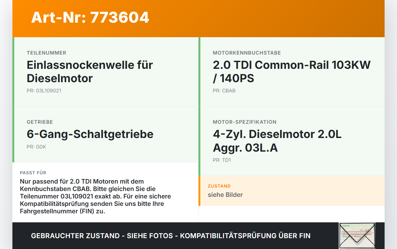 VW Golf 5K 6 VI 08-12 TDI 2,0 103KW CBAB Nockenwelle Einlass VW Golf 5K 6 VI 08-12 03.04.2009 03L109021 gebraucht Vorschau 3