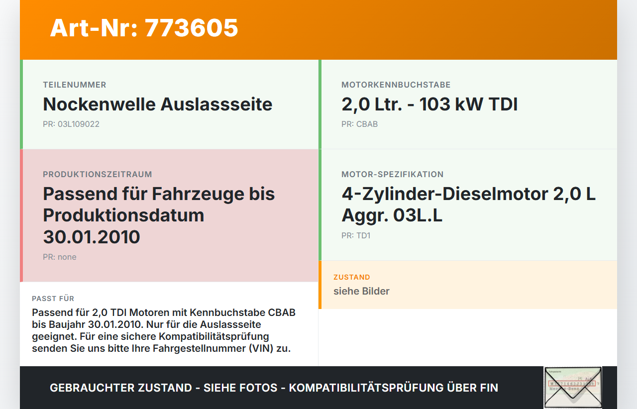 VW Golf 5K 6 VI 08-12 TDI 2,0 103KW CBAB Nockenwelle Auslass VW Golf 5K 6 VI 08-12 03.04.2009 03L109022 gebraucht Vorschau 3