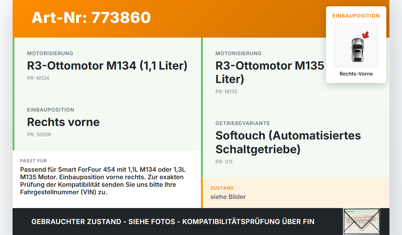 Smart ForFour 454 04-06 1,1 55KW Antriebswelle Gelenkwelle Rechts Vorne Smart ForFour 454 04-06 08.12.2004... Vorschau 3
