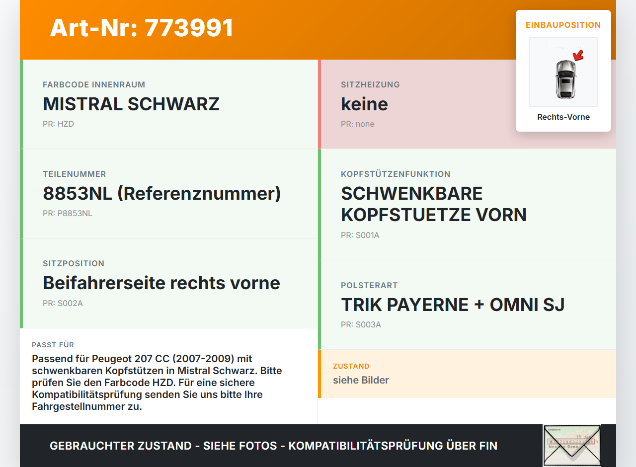 Peugeot 207 CC 07-09 Kopfstütze Beifahrersitz Rechts Vorne Peugeot 207 CC 07-09 01.05.2007 8853NL gebraucht Vorschau 3