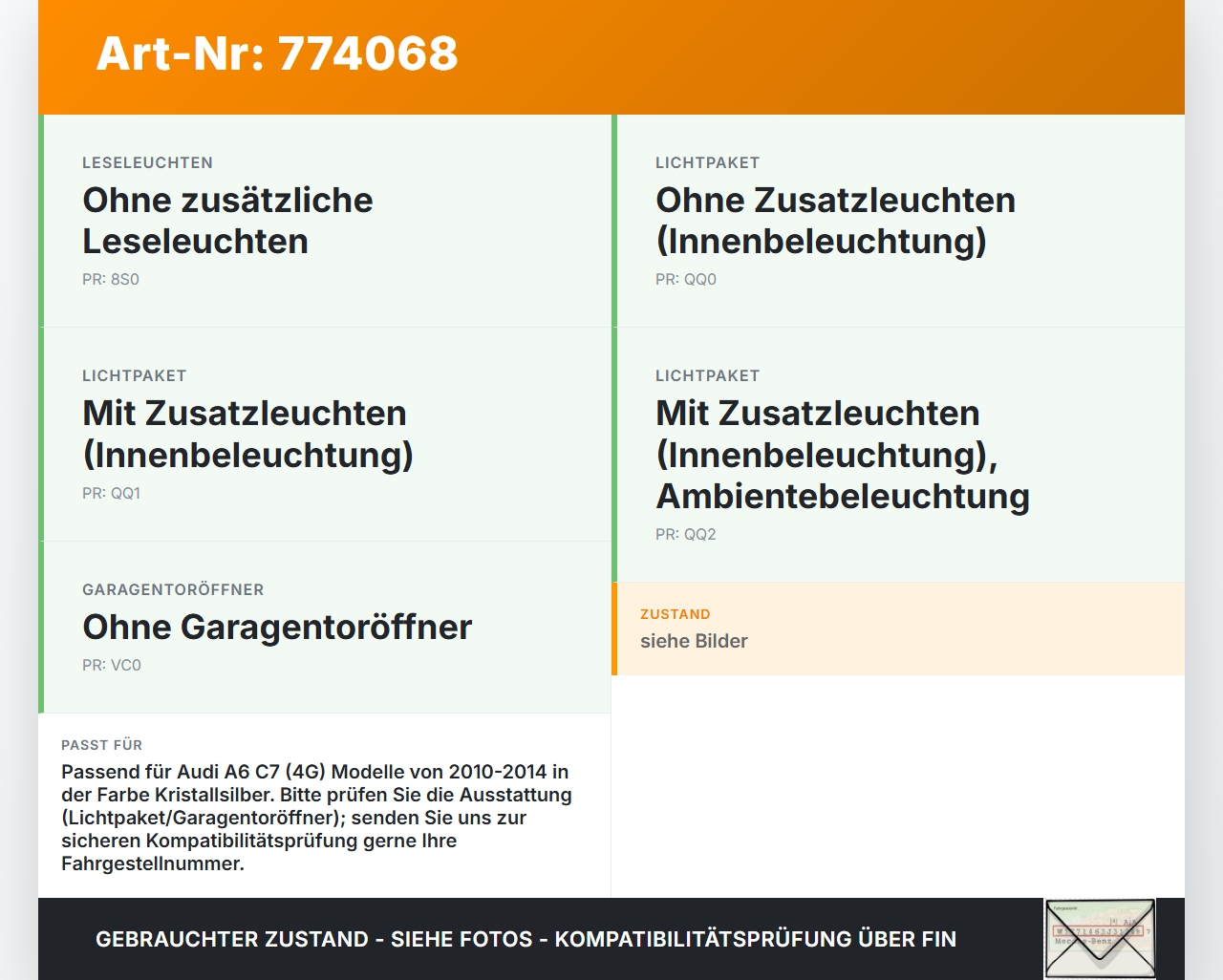 Audi A6 C7 4G 10-14 Innenleuchte Innenraumleuchte Kristallsilber Audi A6 C7 4G 10-14 29.11.2011 4G0947135 gebraucht Vorschau 3