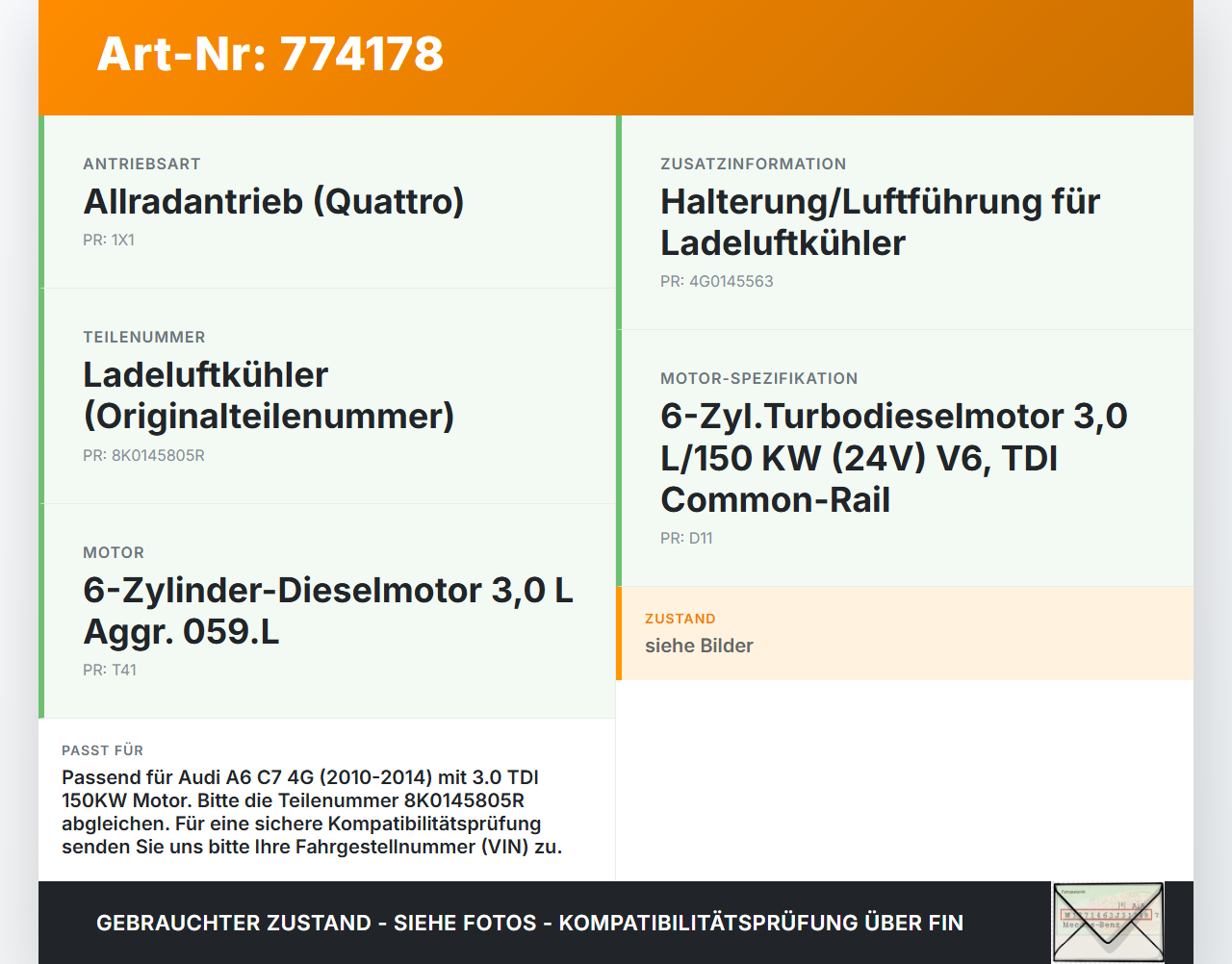 Audi A6 C7 4G 10-14 TDI 3,0 150KW Ladeluftkühler Kühler Audi A6 C7 4G 10-14 29.11.2011 8K0145805R X7236003 gebraucht Vorschau 3