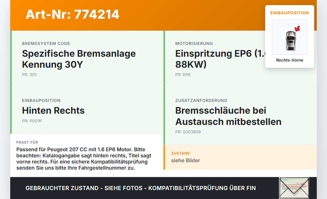 Peugeot 207 CC 07-09 1,6 88KW Bremssattel Bremszange Vorne Rechts Peugeot 207 CC 07-09 01.05.2007 A4544200801 gebraucht Vorschau 3