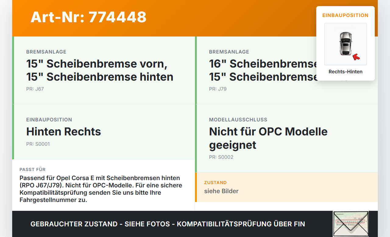 Opel Corsa E 14-19 1,0 66KW Bremssattel Bremszange Hinten Rechts Opel Corsa E 14-19 18.10.2016 95522673 - gebraucht Vorschau 3