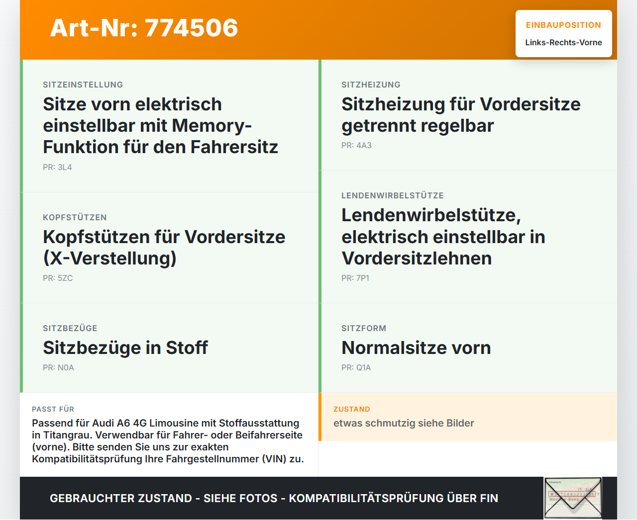 Audi A6 C7 4G 10-14 Lim Kopfstütze für Beifahrer Sitz Rechts oder Links Vorne Titangrau Audi A6 C7 4G 10-14... Vorschau 3