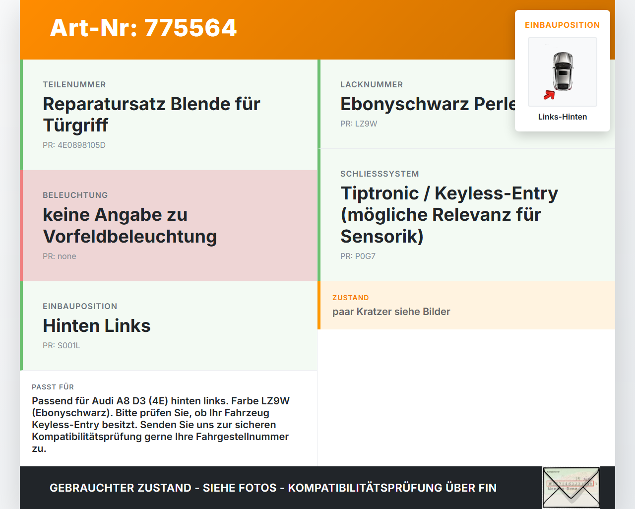Audi A8 D3 4E qu 02-05 Türgriff Griff aussen Links Hinten LZ9W Audi A8 D3 4E qu 02-05 06.12.2003 4E0898105D gebraucht Vorschau 3