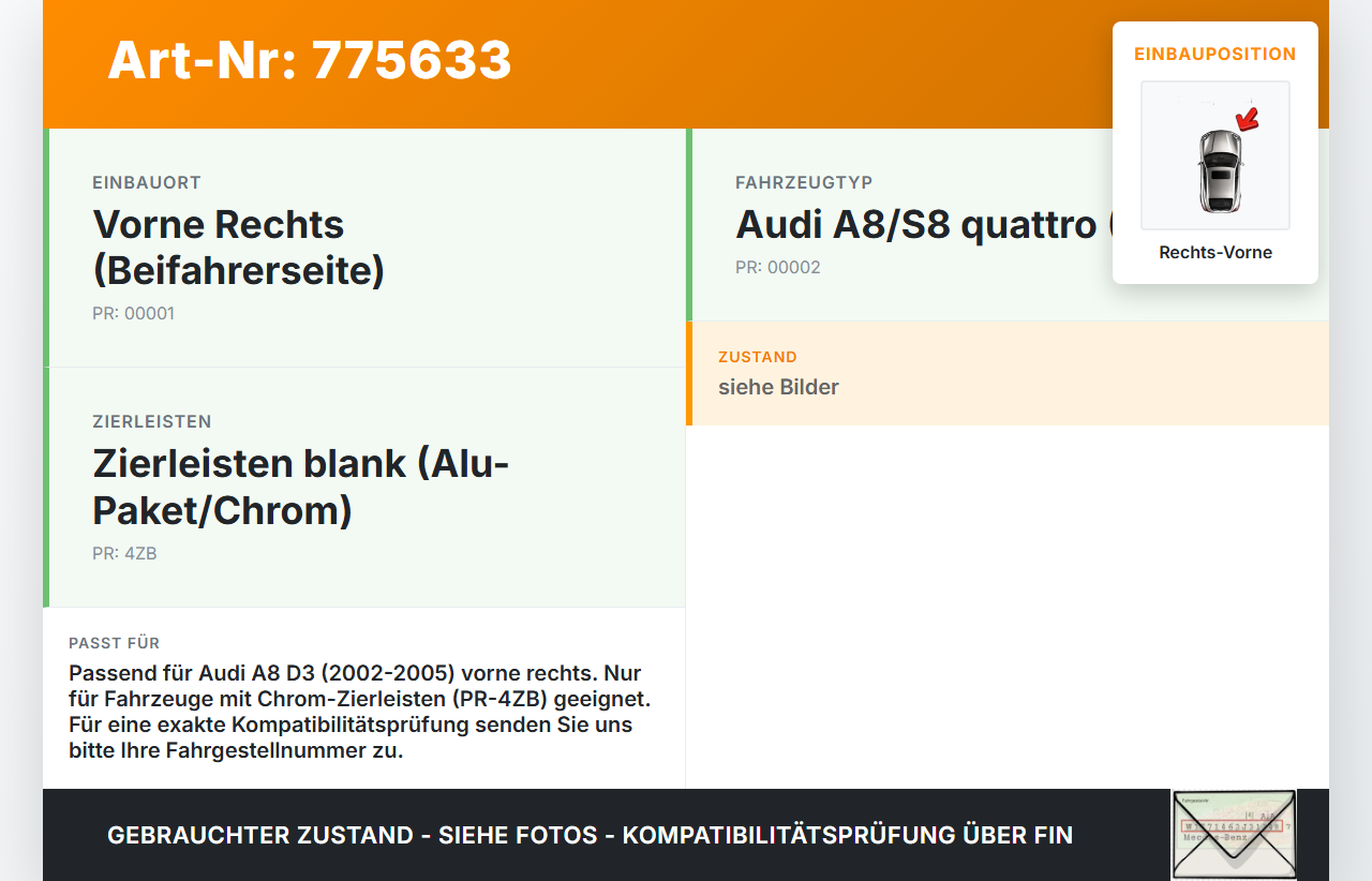 Audi A8 D3 4E qu 02-05 Leiste Scheibendichtung für Tür Rechts Vorne Audi A8 D3 4E qu 02-05 06.12.2003 4E0853766A... Vorschau 3