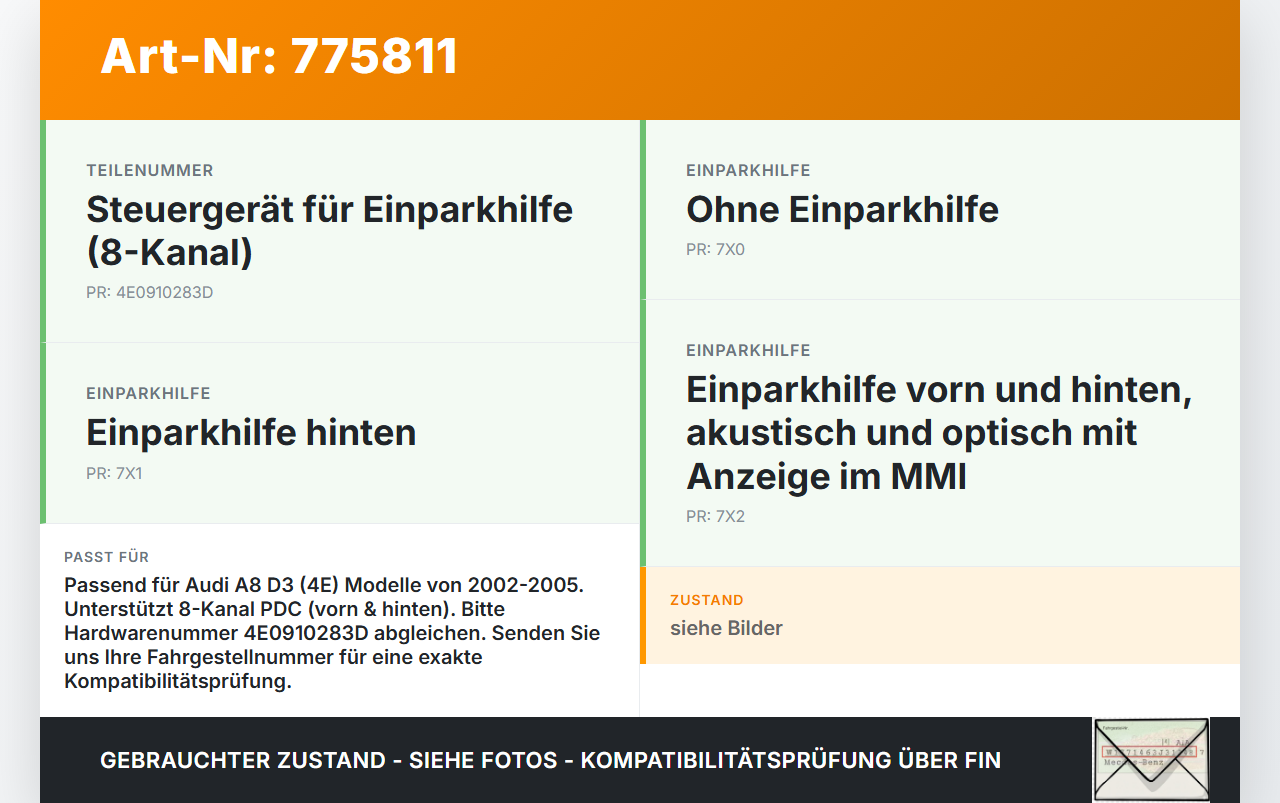 Audi A8 D3 4E qu 02-05 Steuergerät ECU Modul Einparkhilfe PDC SG Audi A8 D3 4E qu 02-05 06.12.2003 4E0910283D... Vorschau 3
