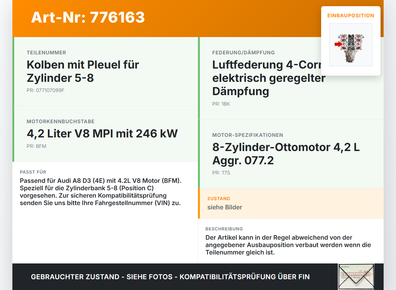 Audi A8 D3 4E qu 02-05 4,2 246KW BFM Kolben mit Pleuel Pos C Audi A8 D3 4E qu 02-05 06.12.2003 077107099F gebraucht Vorschau 3