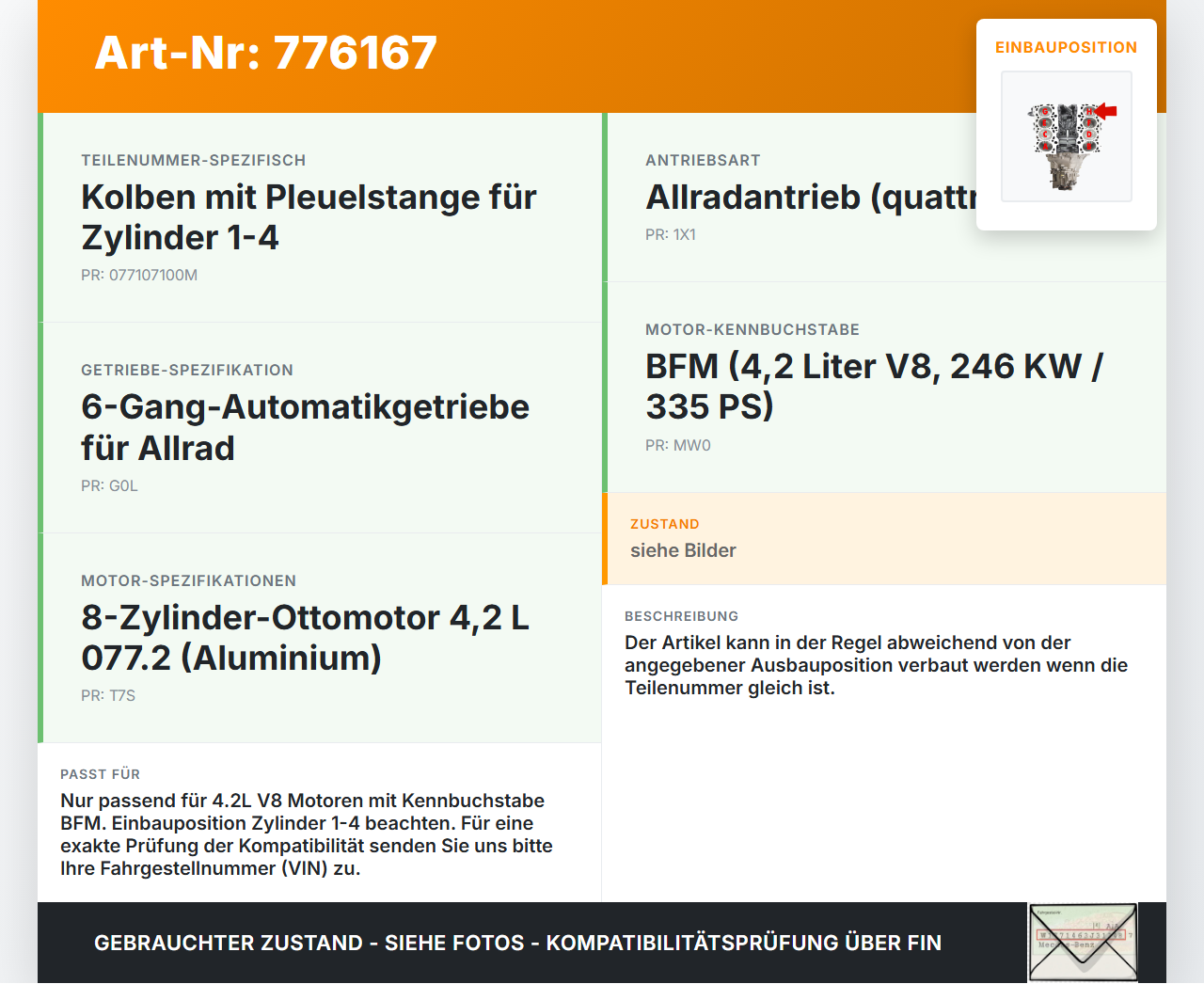 Audi A8 D3 4E qu 02-05 4,2 246KW BFM Kolben mit Pleuel Pos H Audi A8 D3 4E qu 02-05 06.12.2003 077107100M gebraucht Vorschau 3