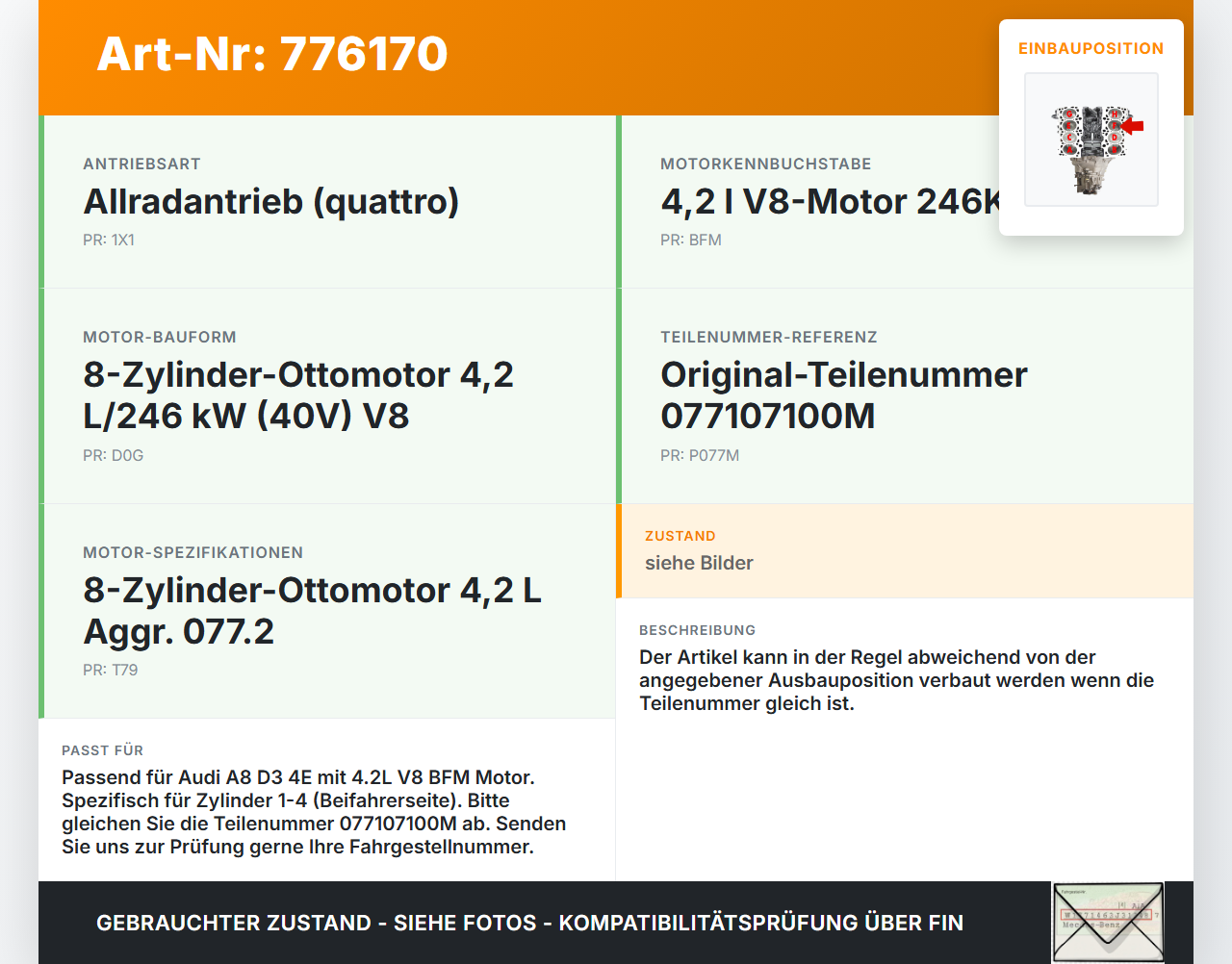 Audi A8 D3 4E qu 02-05 4,2 246KW BFM Kolben mit Pleuel Pos F Audi A8 D3 4E qu 02-05 06.12.2003 077107100M gebraucht Vorschau 3