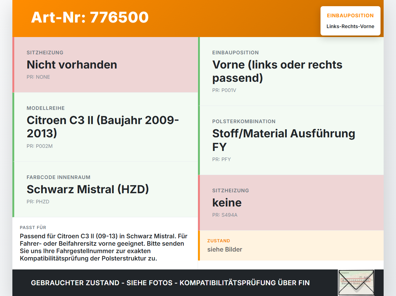 Citroen C3 II 09-13 Kopfstütze für Fahrer Sitz Rechts oder Links Vorne Mistral Schwarz Citroen C3 II 09-13... Vorschau 3