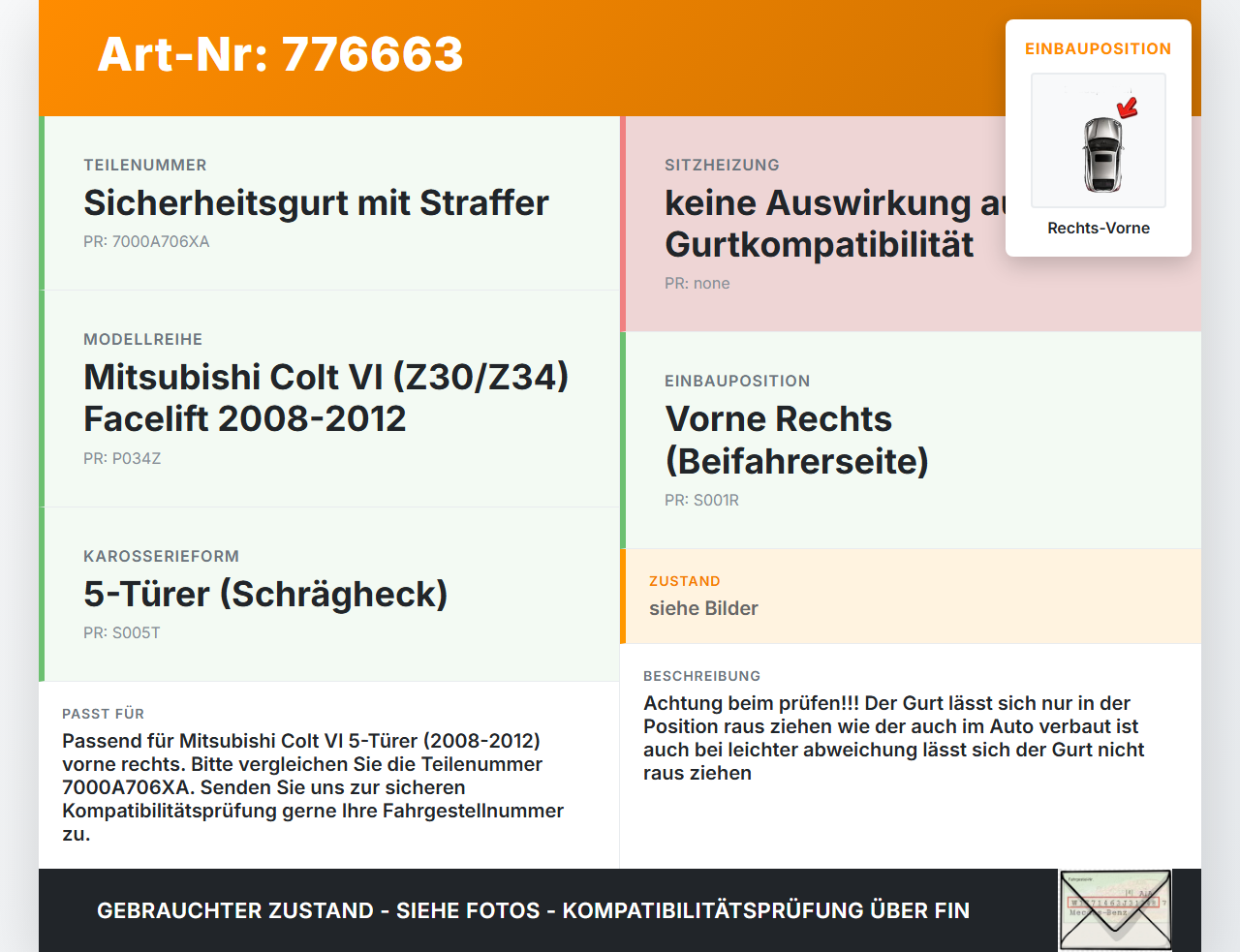 Mitsubishi Colt VI Z34 08-12 5T Gurt Sicherheitsgurt Rechts Vorne Mitsubishi Colt VI Z34 08-12 05.06.2010... Vorschau 3