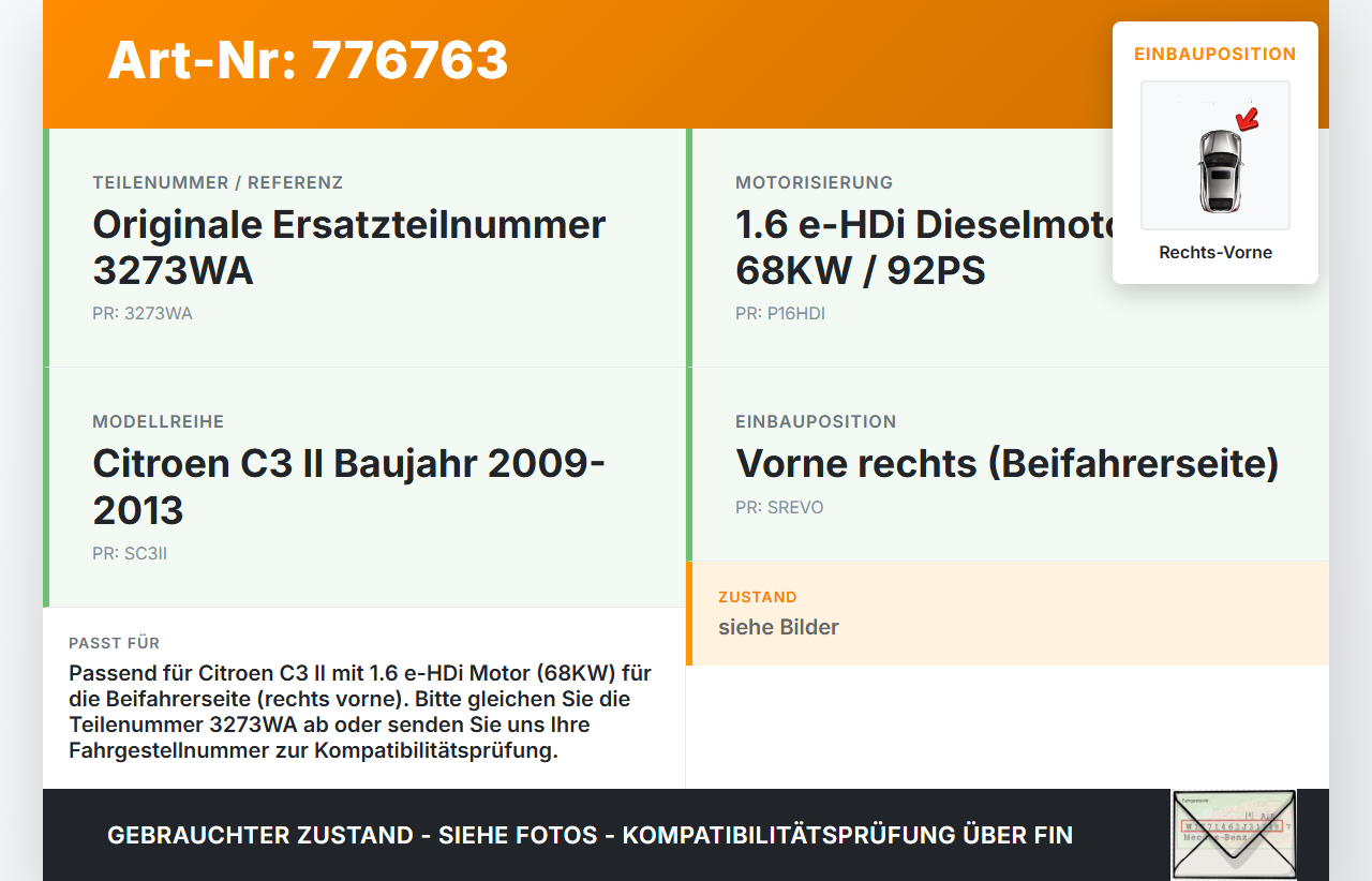 Citroen C3 II 09-13 eHDI 1.6 68KW Antriebswelle Gelenkwelle Rechts Vorne Citroen C3 II 09-13 01.01.2011 3273WA gebraucht Vorschau 3