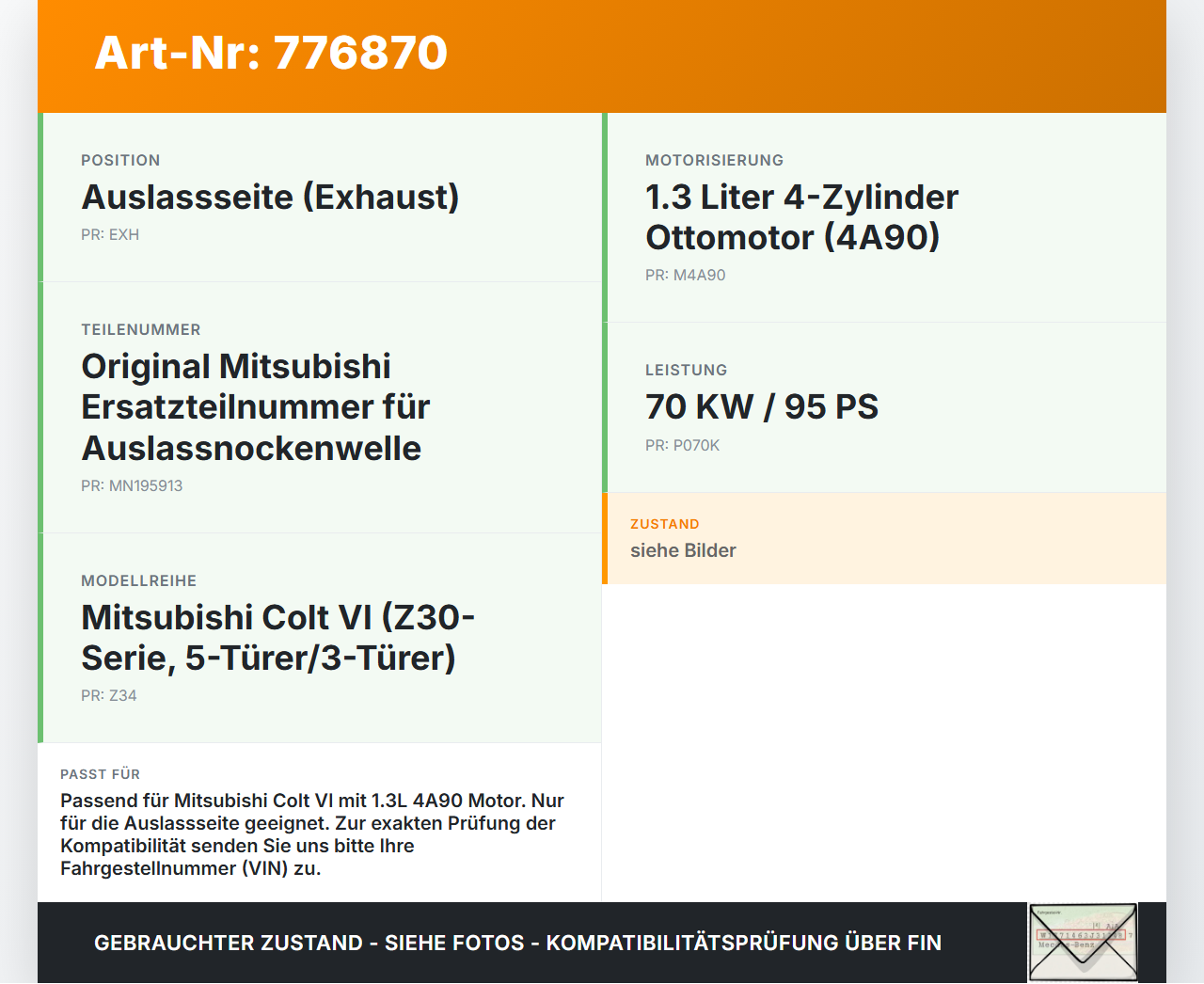 Mitsubishi Colt VI Z34 08-12 1,3 70KW 4A90 Nockenwelle Auslass Mitsubishi Colt VI Z34 08-12 05.06.2010 MN195913... Vorschau 3