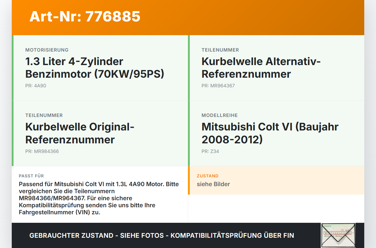 Mitsubishi Colt VI Z34 08-12 1,3 70KW 4A90 Kurbelwelle Mitsubishi Colt VI Z34 08-12 05.06.2010 MR964367 MR984366... Vorschau 3