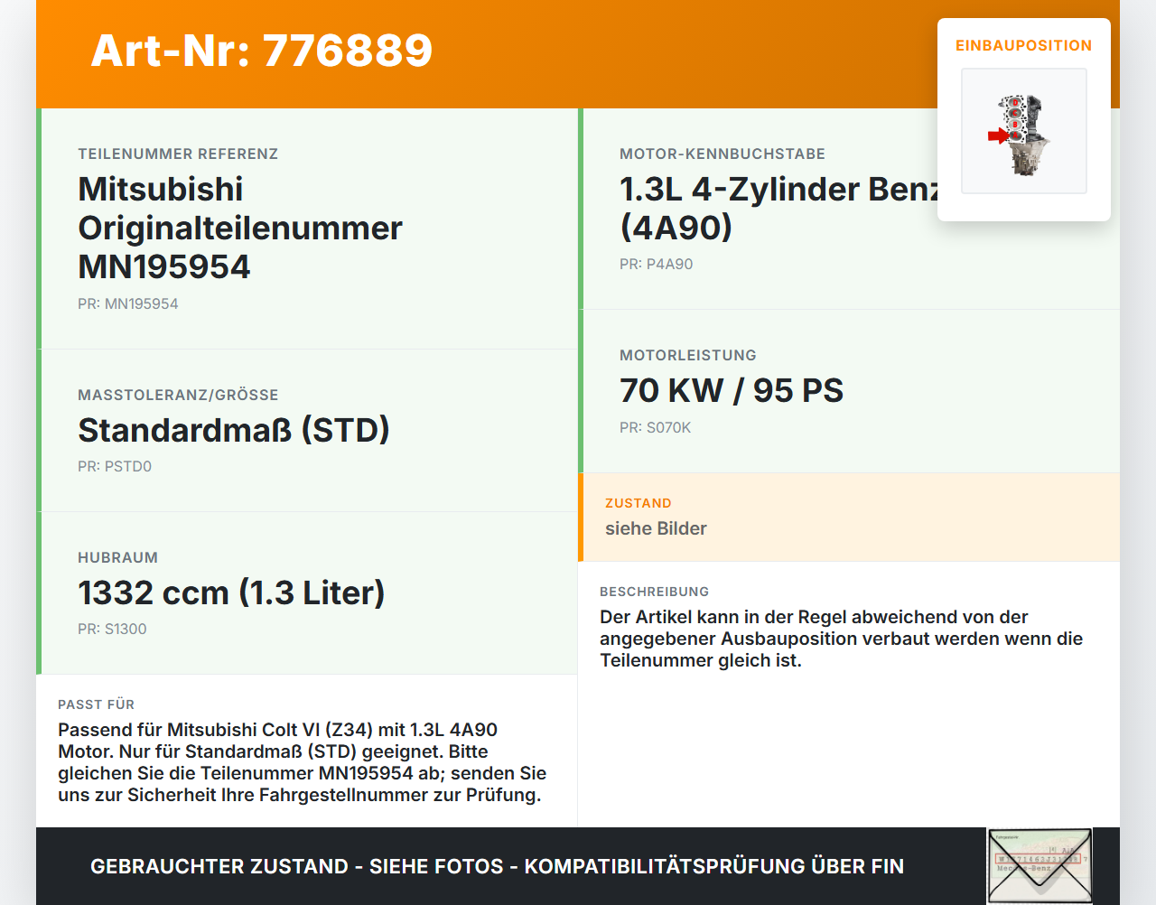Mitsubishi Colt VI Z34 08-12 1,3 70KW 4A90 Kolben mit Pleuel Pos A Mitsubishi Colt VI Z34 08-12 05.06.2010 MN195954... Vorschau 3