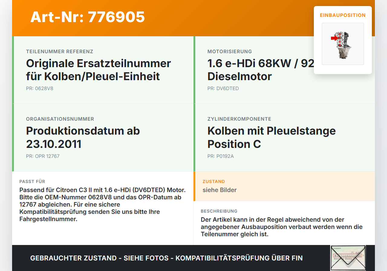Citroen C3 II 09-13 eHDI 1.6 68KW DV6DTED Kolben mit Pleuel Pos C Citroen C3 II 09-13 01.01.2011 0628V8 gebraucht Vorschau 3