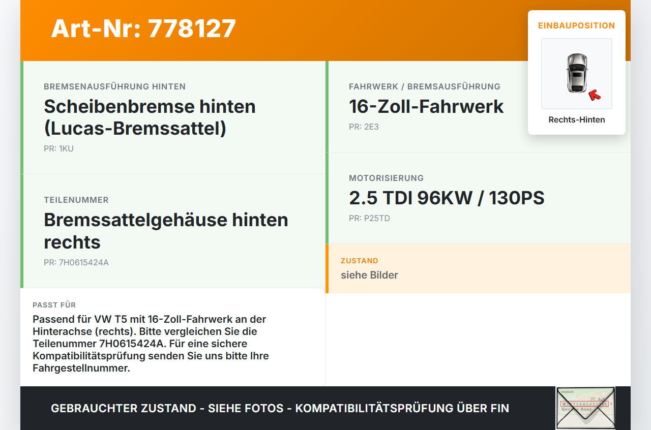 VW T5 7H 03-09 TDI 2,5 96KW Bremssattel Bremszange Hinten Rechts VW T5 7H 03-09 27.01.2009 7H0615424A gebraucht Vorschau 3