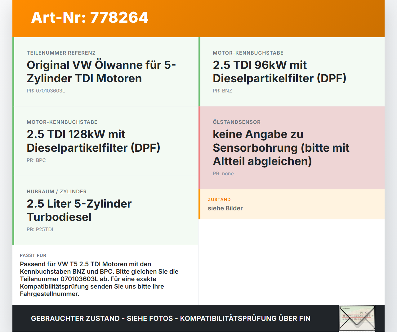 VW T5 7H 03-09 TDI 2,5 96KW BNZ Ölwanne Motorwanne VW T5 7H 03-09 27.01.2009 070103603L gebraucht Vorschau 3