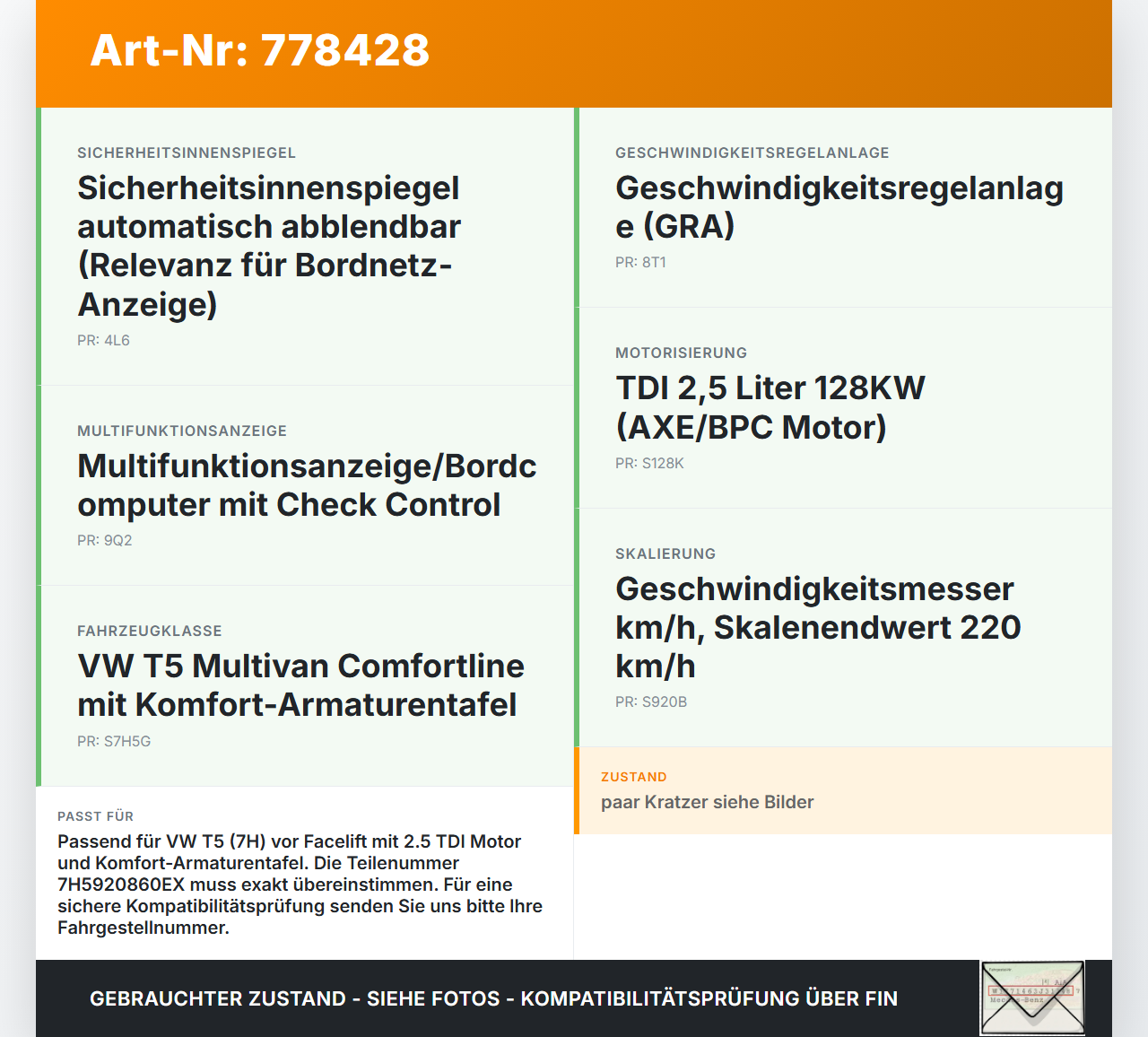 VW T5 7H 03-09 TDI 2,5 128KW Kombiinstrument Tacho VW T5 7H 03-09 16.07.2003 7H5920860J 7H5920860EX gebraucht Vorschau 3