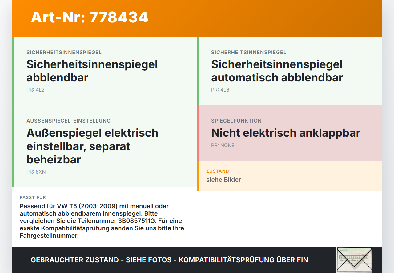 VW T5 7H 03-09 Innenspiegel Rückspiegel Spiegel Innen VW T5 7H 03-09 16.07.2003 3B0857511G gebraucht Vorschau 3