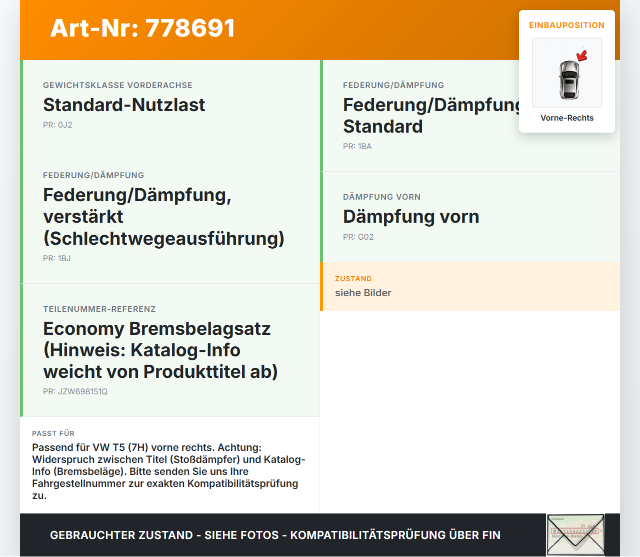 VW T5 7H 03-09 Kasten Stossdämpfer Federbein Vorne Rechts VW T5 7H 03-09 16.07.2003 JZW698151Q gebraucht Vorschau 3