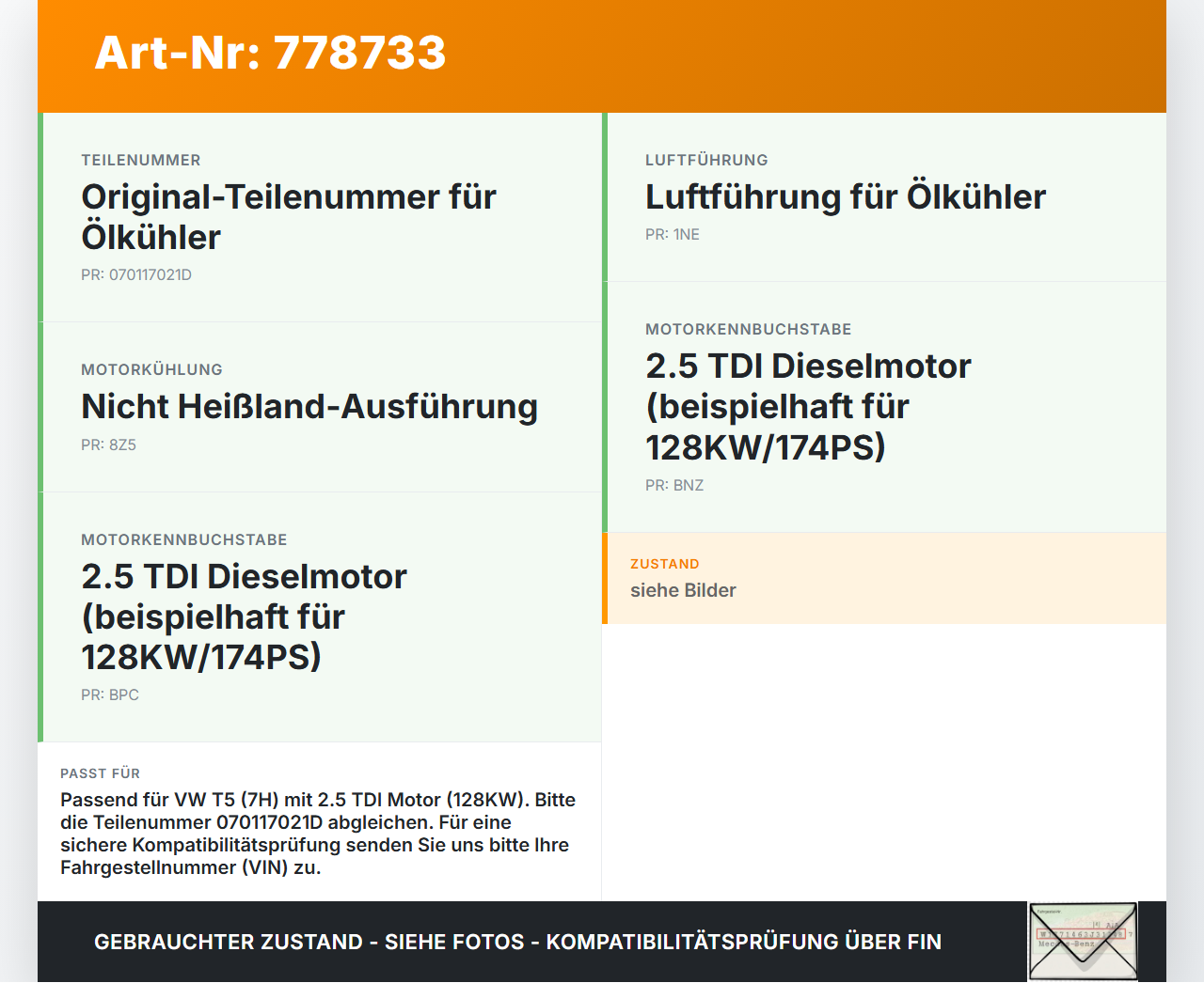 VW T5 7H 03-09 TDI 2,5 128KW Ölkühler VW T5 7H 03-09 16.07.2003 070117021D gebraucht Vorschau 3