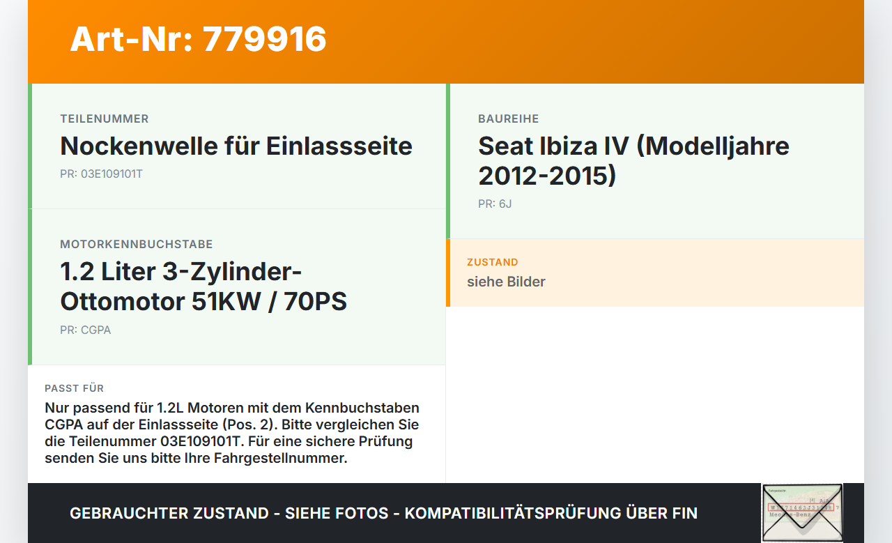 Seat Ibiza IV 6J 12-15  1,2 51KW CGPA Nockenwelle Pos.2 Einlass Seat Ibiza IV 6J 12-15 18.07.2013 03E109101T gebraucht Vorschau 3