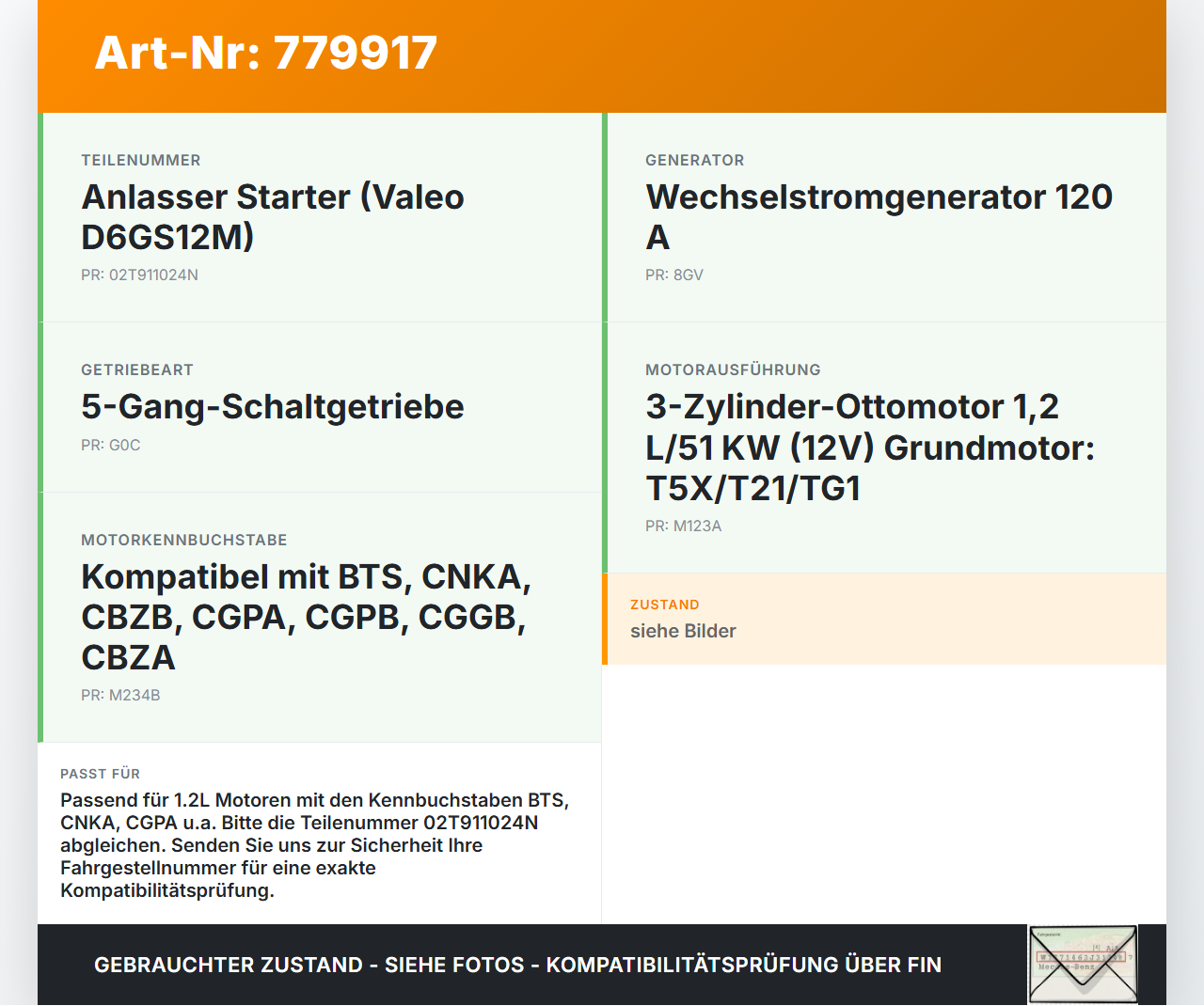 Seat Ibiza IV 6J 12-15  1,2 51KW Anlasser Starter Seat Ibiza IV 6J 12-15 18.07.2013 02T911024N gebraucht Vorschau 3
