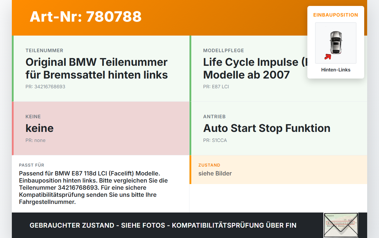 BMW E87 118d 07-11 LCI 2,0d 105KW Bremssattel Bremszange Hinten Links BMW E87 118d 07-11 LCI 21.11.2007... Vorschau 3