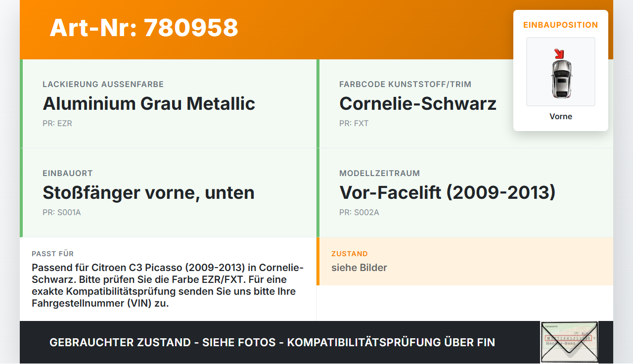 Citroen C3 Picasso 09-13 Lufteinlassgitter für Stoßstange Stoßfänger Vorne EZR Citroen C3 Picasso 09-13 31.07.2009... Vorschau 3