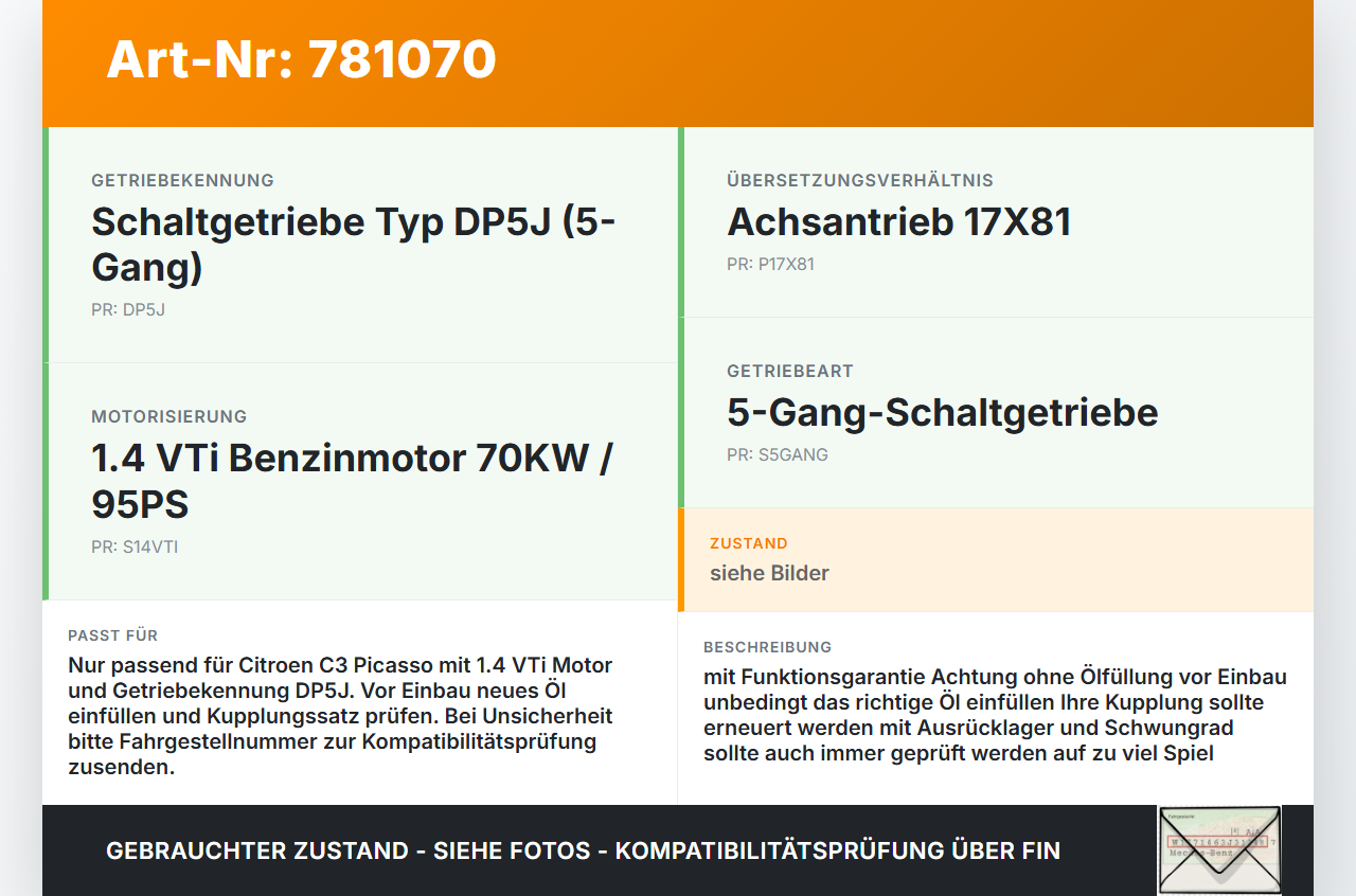 Citroen C3 Picasso 09-13 VTI 1,4 70KW DP5J Schaltgetriebe Getriebe Citroen C3 Picasso 09-13 31.07.2009 223167 gebraucht Vorschau 3